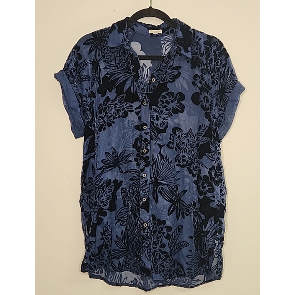 Ecote Anora Womens S Floral Short Rollup Sleeve Burnout Velvet Button Down Luxe